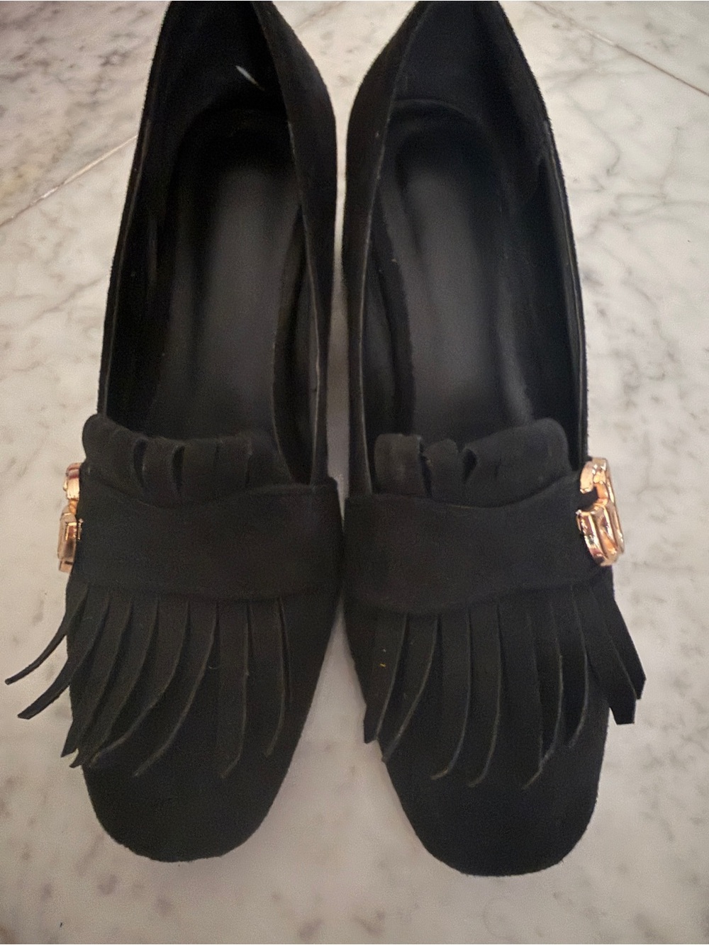 Black Fringe Suede Loafers with Gold Accent - Women